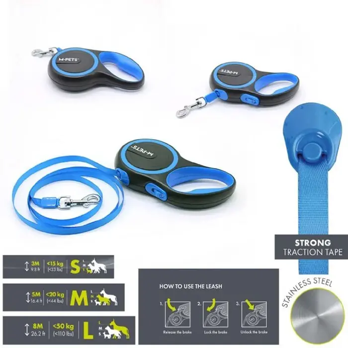 M-PETS Liberty Otomatik Köpek Gezdirme Kayışı Şerit 5MT Mavi Medium