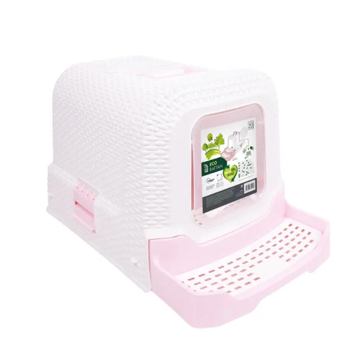 M-PETS ECO Rattan Kapalı Kedi Tuvaleti Pembe Beyaz 69x42x41cm