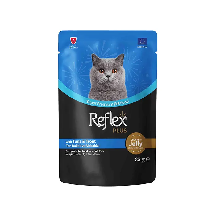 Reflex Plus Jole İçinde Et Parçacıklı Ton Balıklı Ve Alabalıklı Yetişkin Kedi Yaş Maması 85gr