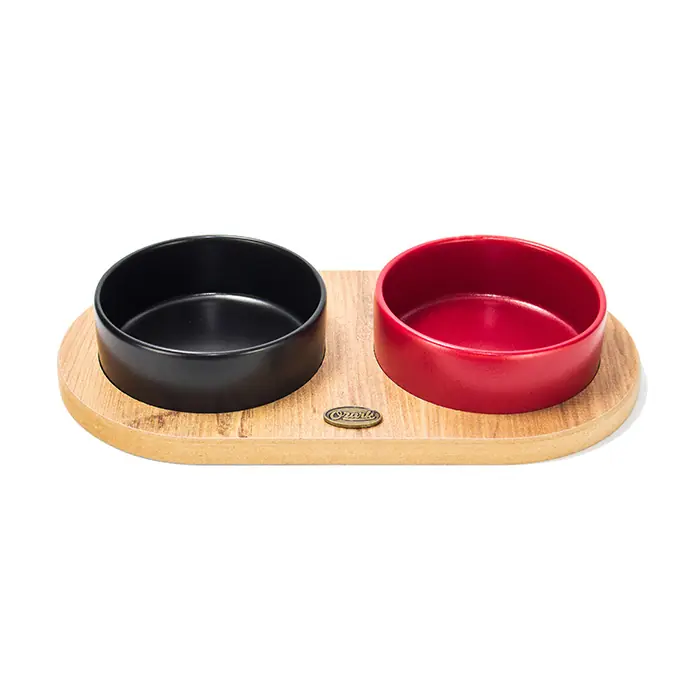 Ozark Ahşap Oval Tabanlı Seramik Kedi-Köpek Mama ve Su Kabı 2'li Siyah Kırmızı 19,5x37,2 cm