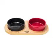Ozark Ahşap Oval Tabanlı Seramik Kedi-Köpek Mama ve Su Kabı 2'li Siyah Kırmızı 19,5x37,2 cm 1