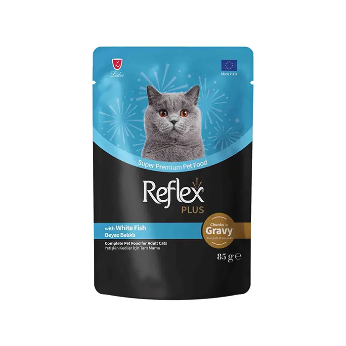 Reflex Plus Sos İçinde Et Parçacıklı Beyaz Balıklı Yetişkin Kedi Yaş Maması 85gr