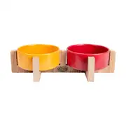 Ozark Ahşap Tabanlı Seramik Kedi-Köpek Mama ve Su Kabı 2'li Hardal Kırmızı 19,5x37,2 cm 1