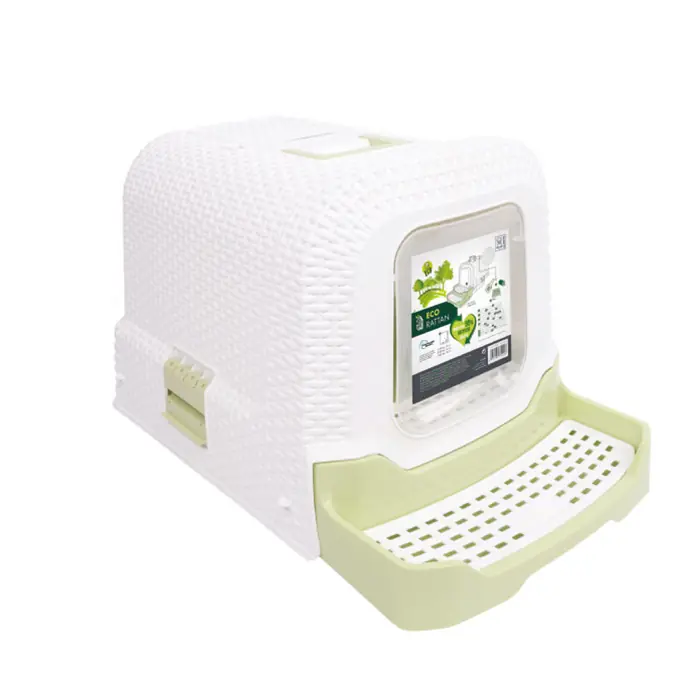 M-PETS ECO Rattan Kapalı Kedi Tuvaleti Beyaz Yeşil 69x42x41cm