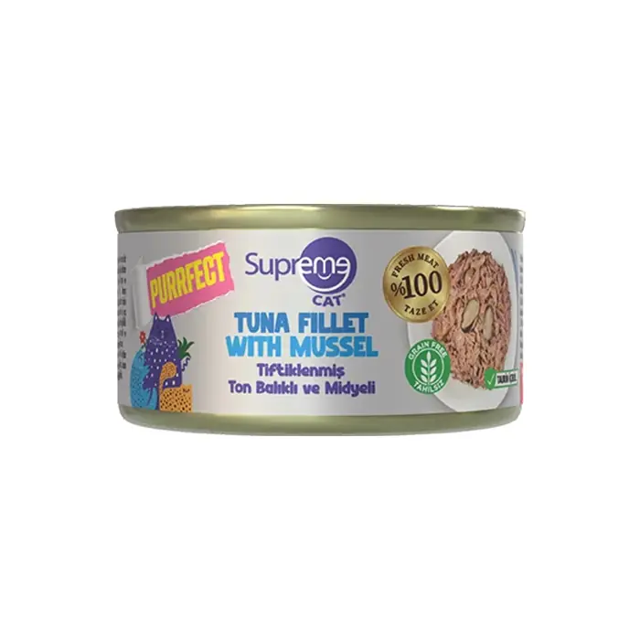 Supreme Cat Tiftiklenmiş Ton Balıklı ve Midyeli Yetişkin Kedi Konservesiı 70gr