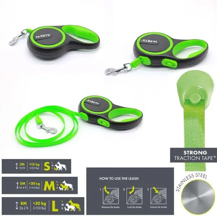 M-PETS Liberty Otomatik Köpek Gezdirme Kayışı Şerit 5MT Yeşil Medium