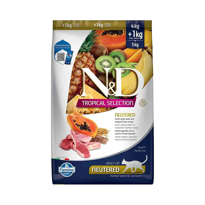 N&D Tropical Selection Kuzu Etli ve Tropikal Meyveli Kısırlaştırılmış Kedi Maması 4kg + 1kg HEDİYE!