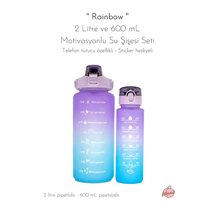 Fitmart Rainbow Su Şişesi Seti 2 Litre ve 600 ml Mor-Mavi