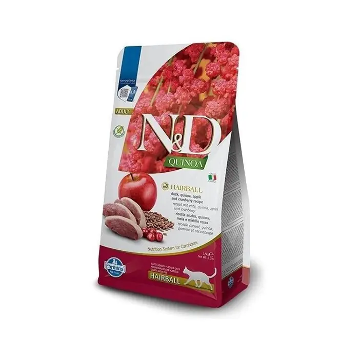 N&D Quinoa Hairball Ördek Etli ve Elmalı Yetişkin Kedi Maması 1,5kg