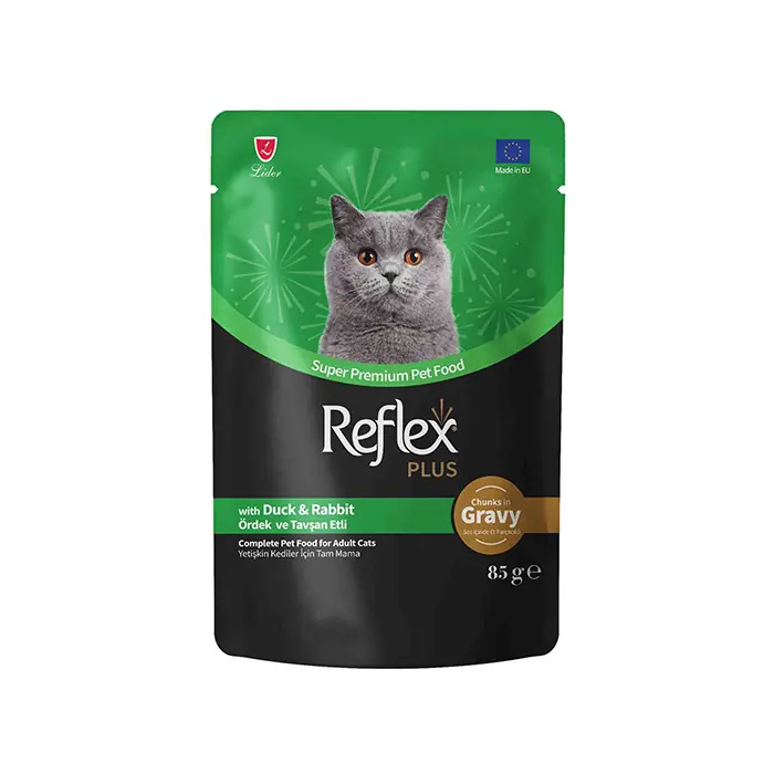 Reflex Plus Sos İçinde Et Parçacıklı Ördek Ve Tavşan Etli Yetişkin Kedi Yaş Maması 85gr