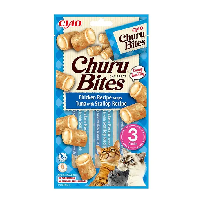 CIAO Churu Bites Tavuk Sargılı, Deniz Taraklı ve Ton Balıklı Kedi Ödül Maması 3x10gr