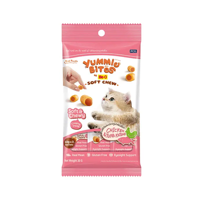 Me-O Yummie Bites Soft Chew Tavuklu ve Çizgili Orkinoslu Kedi Ödülü 30 gr