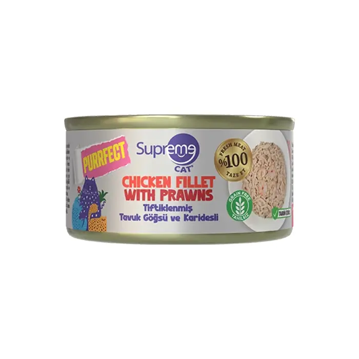Supreme Cat Tiftiklenmiş Tavuk Göğüs Eti ve Karidesli Yetişkin Kedi Konservesi 70gr