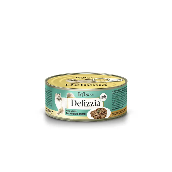 Reflex Plus Delizzia Sos İçinde Parça Etli Somonlu ve Tavuklu Yetişkin Kedi Yaş Maması 85 Gr