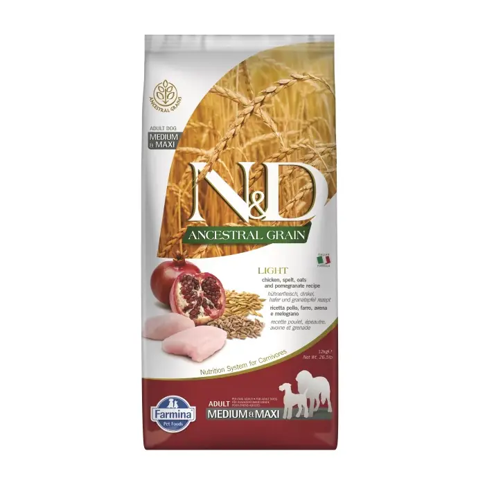 ND Düşük Tahıllı Tavuk Narlı Light İri ve Orta Irk Köpek Maması 12 Kg
