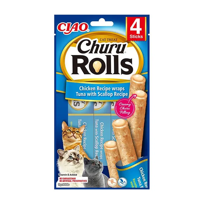 CIAO Churu Rolls Deniz Taraklı, Tavuk Sargılı ve Ton Balıklı Kedi Ödül Maması 4x10gr