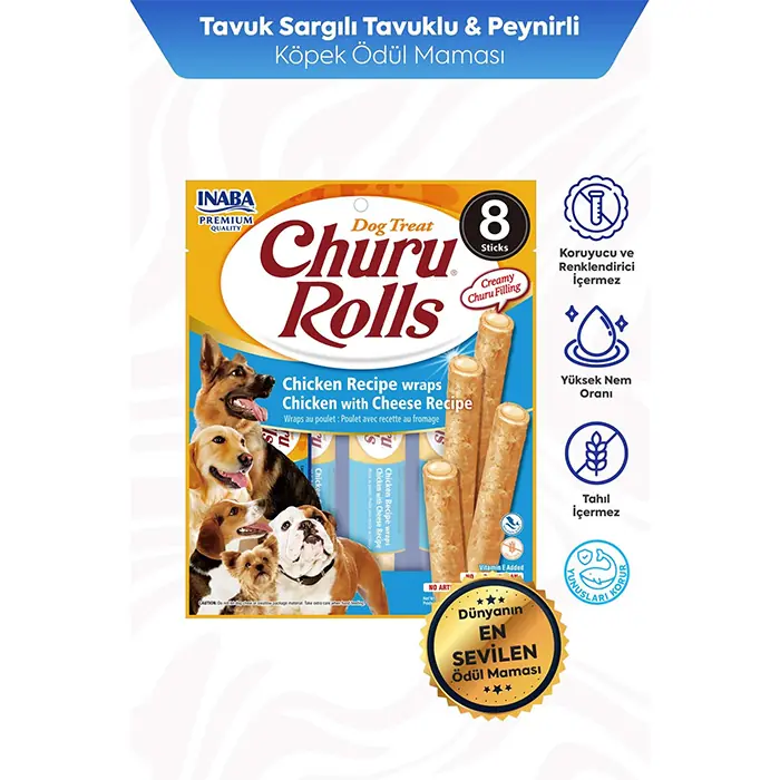 INABA Churu Rolls Sticks Tavuk Sargılı Peynirli Çubuk Köpek Ödül Maması 12gr (8 Adet)