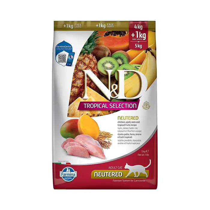 N&D Tropical Selection Tavuklu ve Tropikal Meyveli Kısırlaştırılmış Kedi Maması 4kg + 1kg HEDİYE