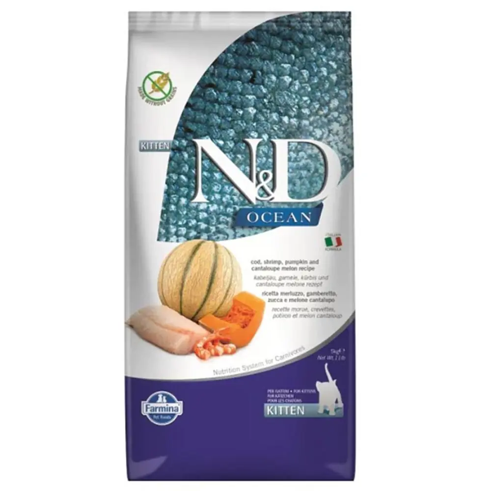 N&D Ocean Morina Balıklı Bal Kabaklı ve Karidesli Tahılsız Yavru Kedi Maması 5 kg